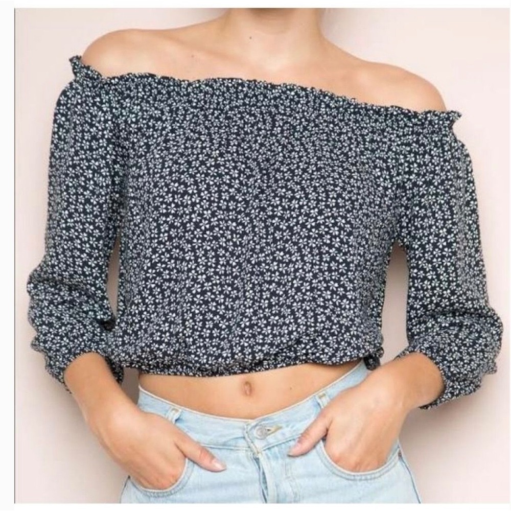 Brandy Melville Floral Off The Shoulder Crop Top Navy Blue Long Sleeve Blouse